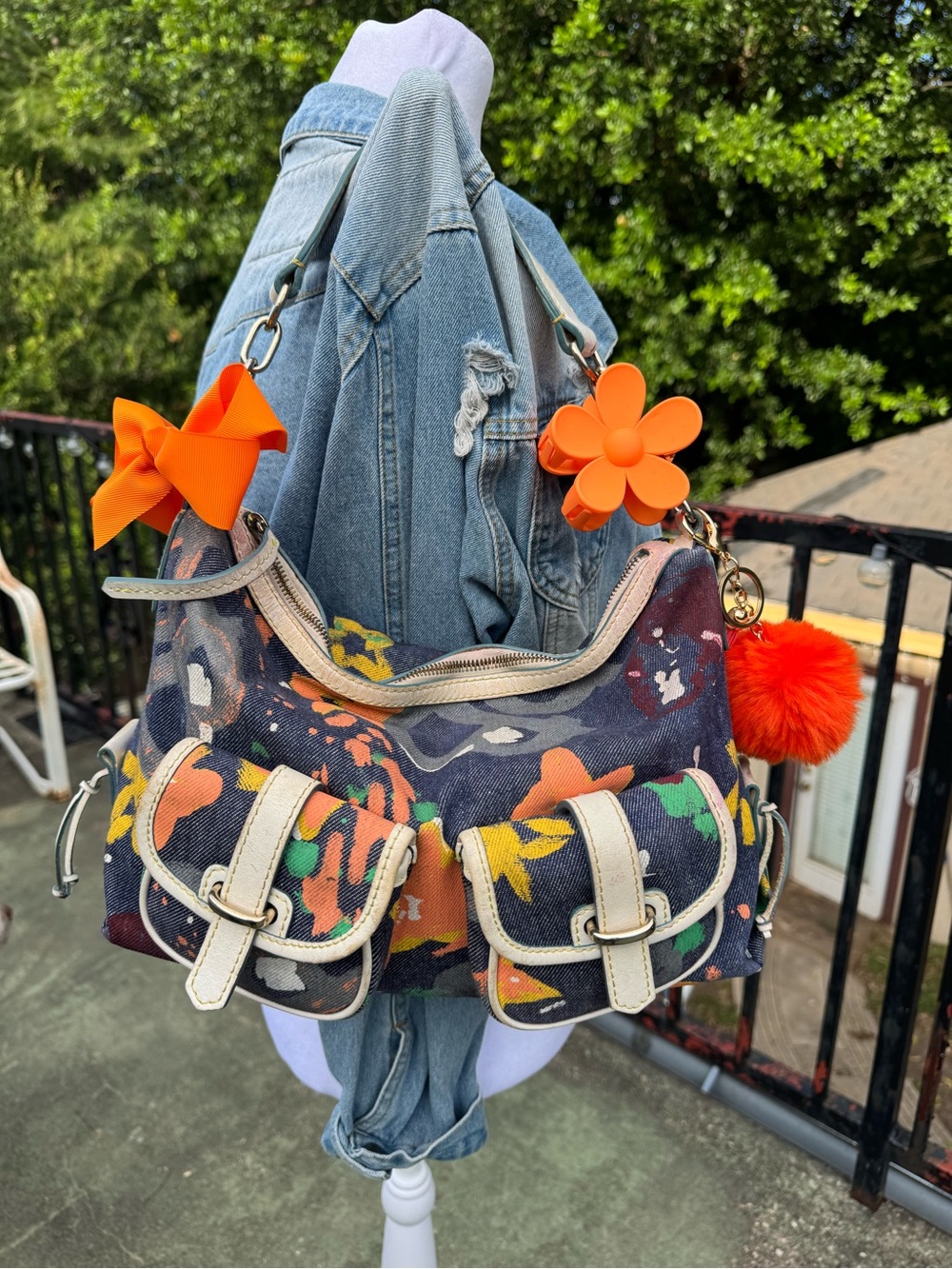 Dooney & Bourke Navy Floral Canvas Shoulder Bag with Orange Accents - Picture 1 of 6